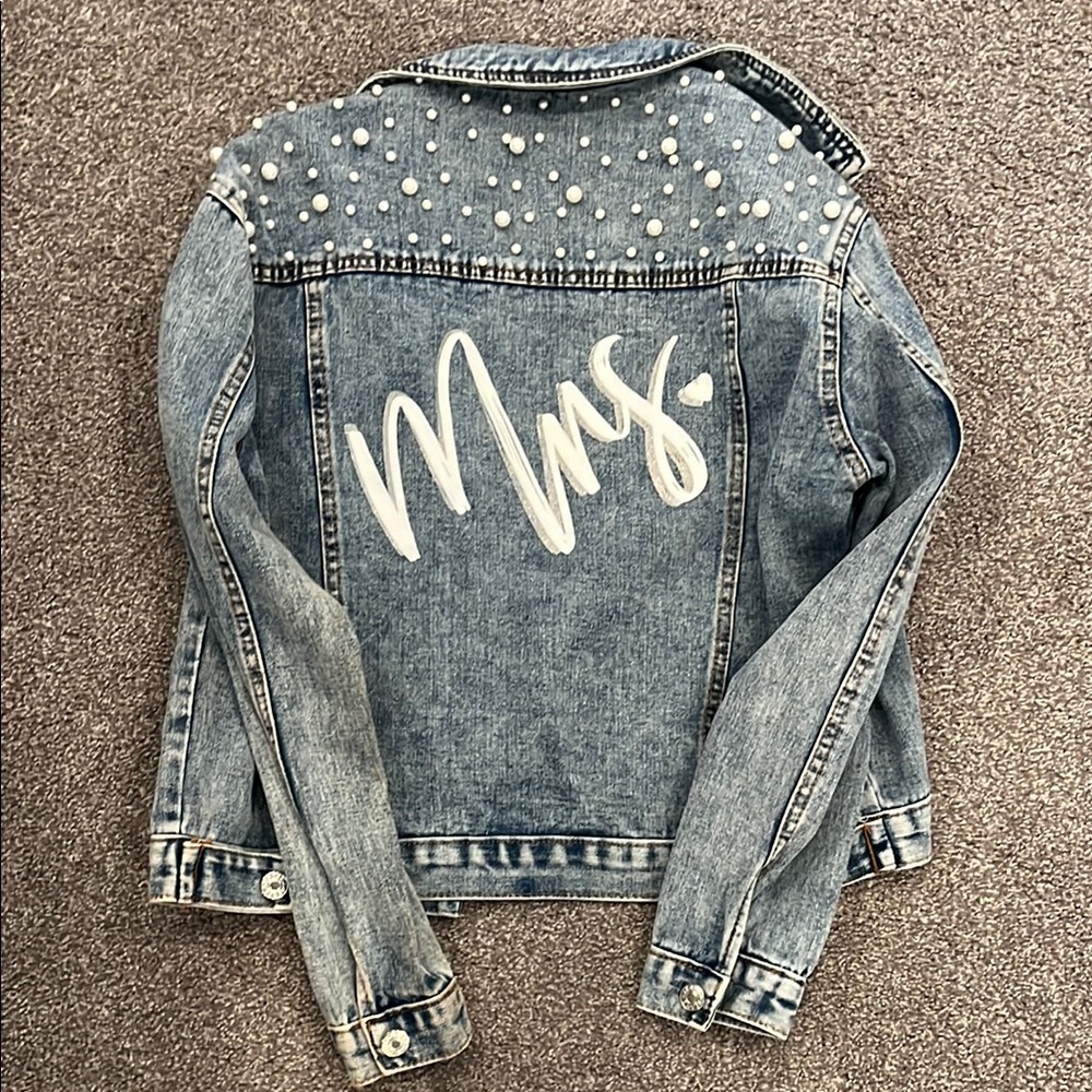 Mrs. Embroidered Light Blue Denim Jacket with Pearl Detail